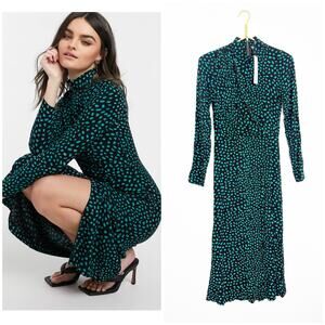 NWT Closet London High Neck Dot Print Midi Dress With Slit Emerald Green Size 2